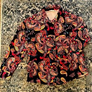 Savanna Jane, navy, pink, green, bright paisley print flannel shirt. Size Small
